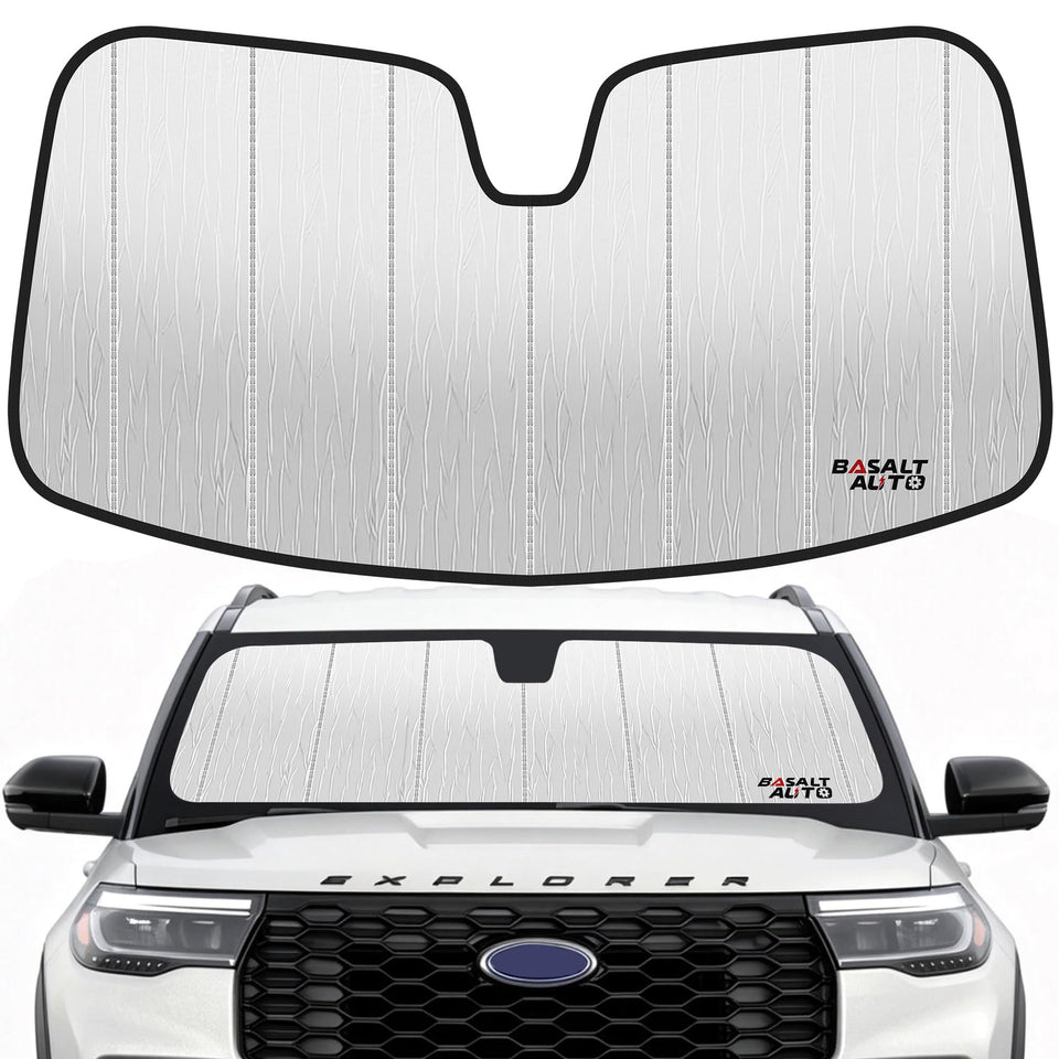 BasaltAuto sun shade front overview showing full windshield coverage and protection