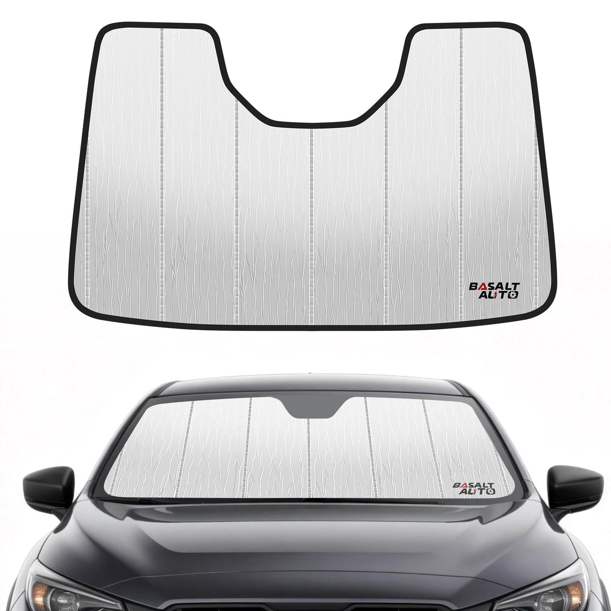BasaltAuto front packaging showing custom-fit Crosstrek shade and storage bag benefits