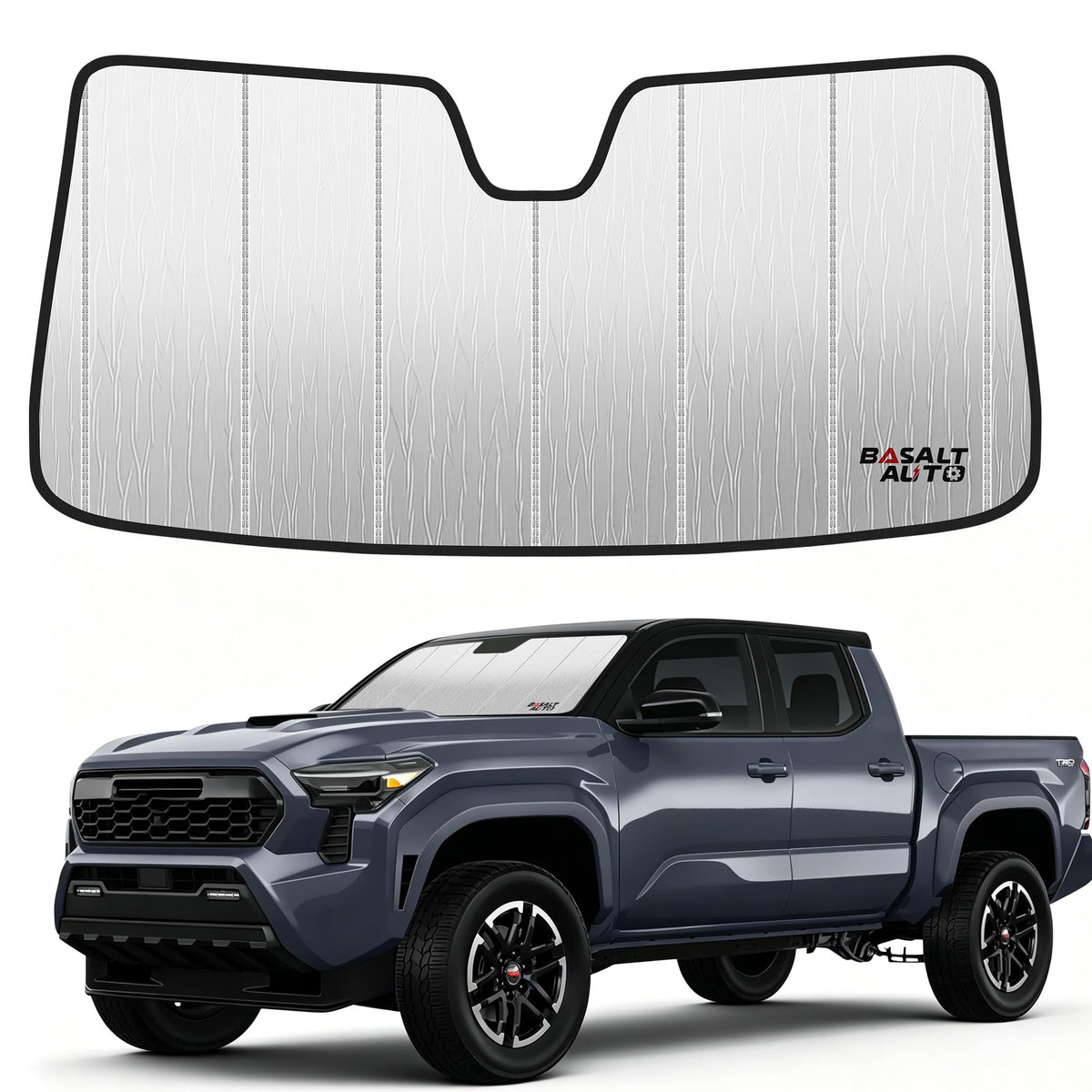 BasaltAuto front view of sun shade fitted to Tacoma showing full windshield coverage and protection
