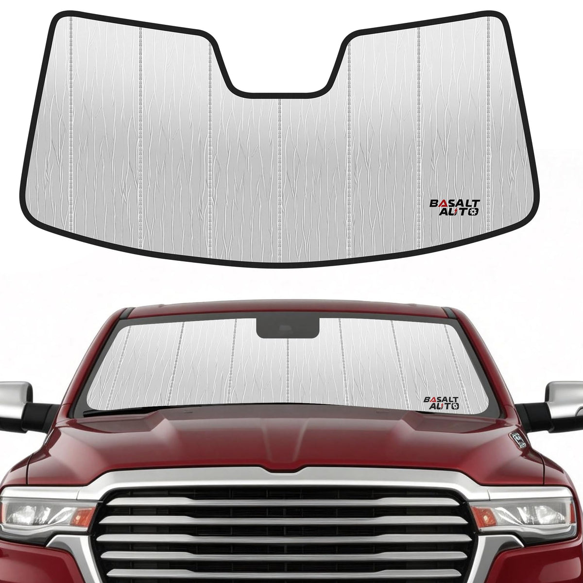 BasaltAuto front view of sun shade showing full windshield coverage and neat presentation