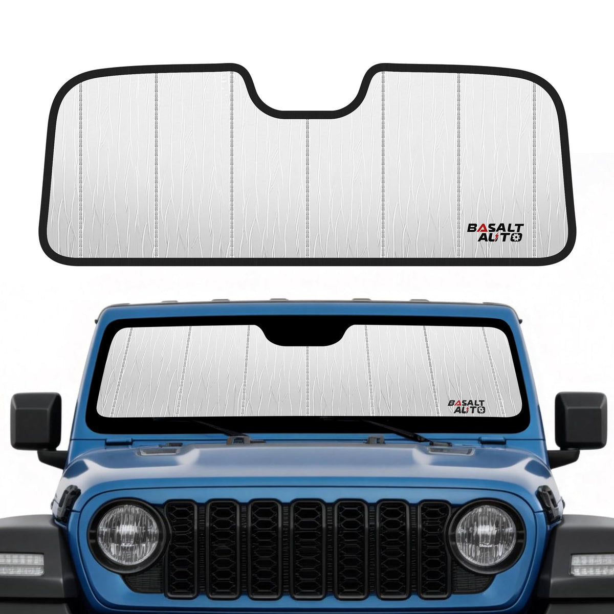 BasaltAuto front view of sun shade in packaging showing model fit and quick installation benefit