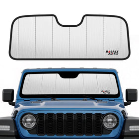 BasaltAuto front view of sun shade in packaging showing model fit and quick installation benefit