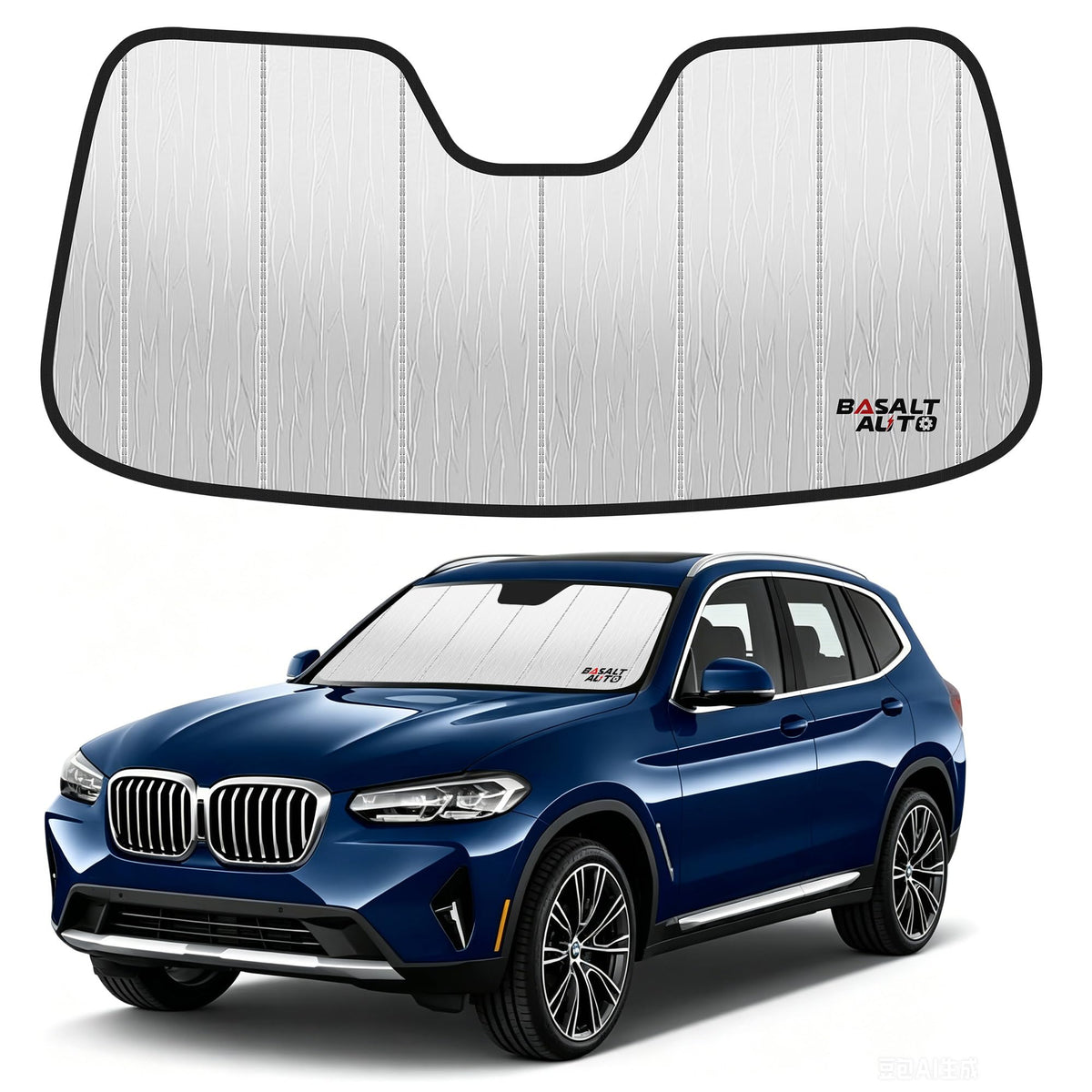 BasaltAuto front view of shade fitted in BMW X3 windshield showing full coverage and protection