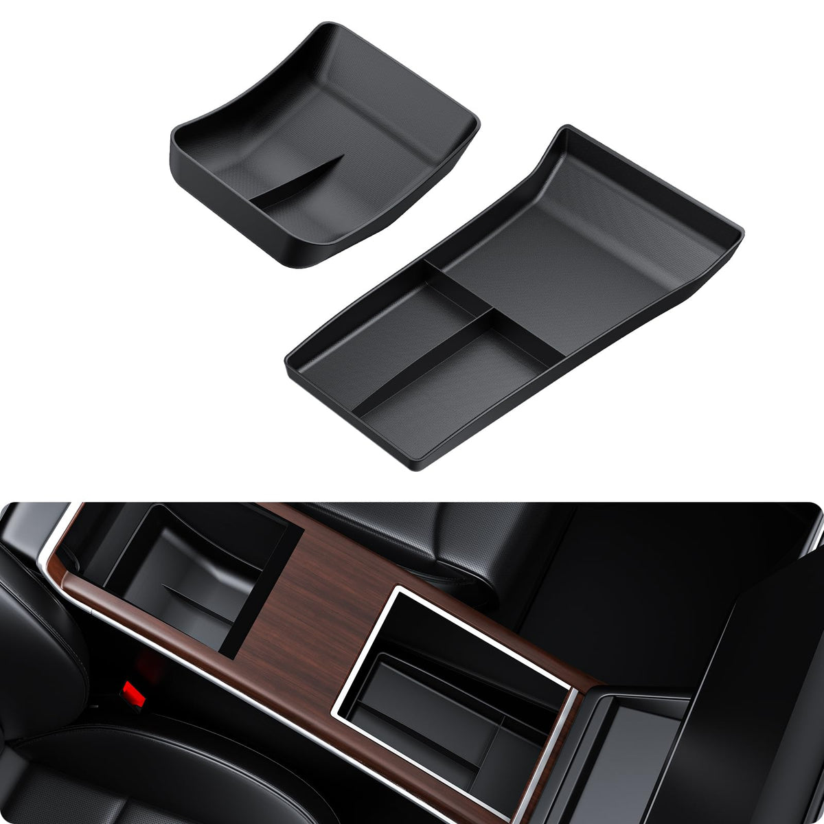 BASENOR front view of center console tray showing neat compartments and improved storage