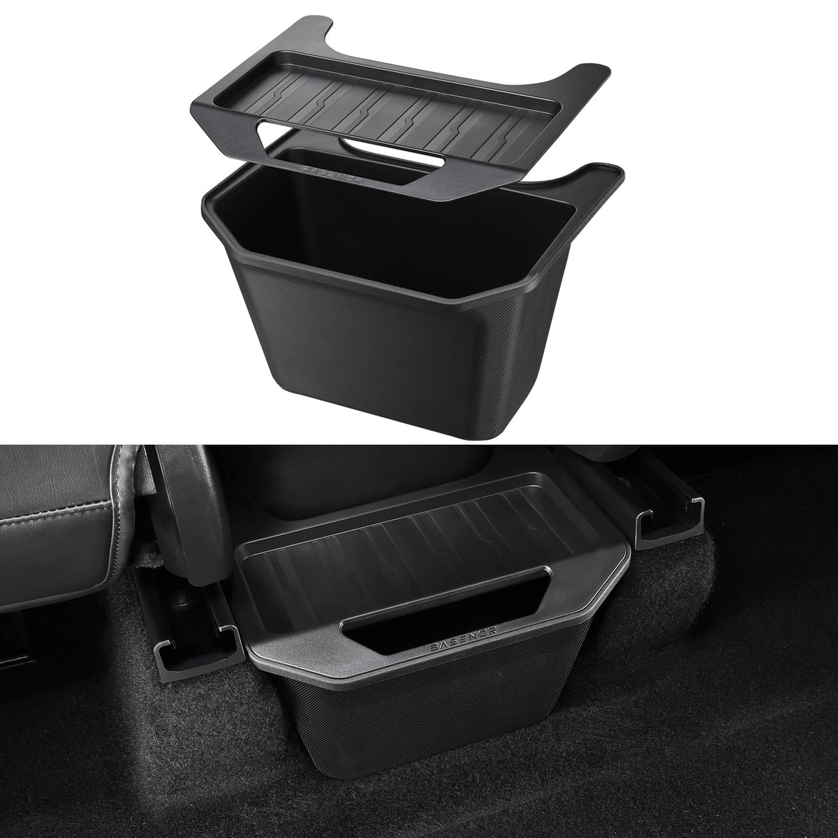 BASENOR front installed showing neat rear console storage and tidy cabin