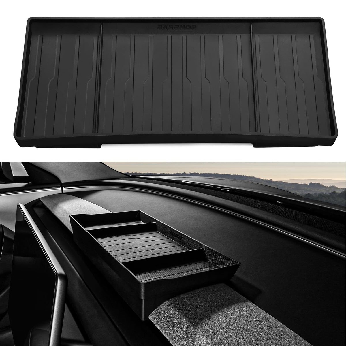 BASENOR front view installed behind Tesla screen showing hidden storage benefit