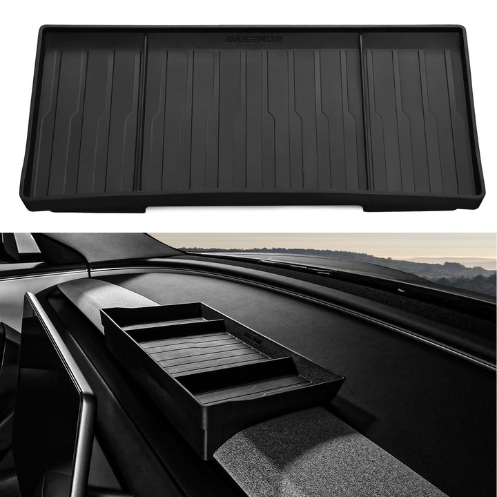 BASENOR front view installed behind Tesla screen showing hidden storage benefit