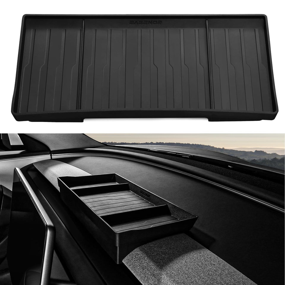 BASENOR front view installed behind Tesla screen showing hidden storage benefit