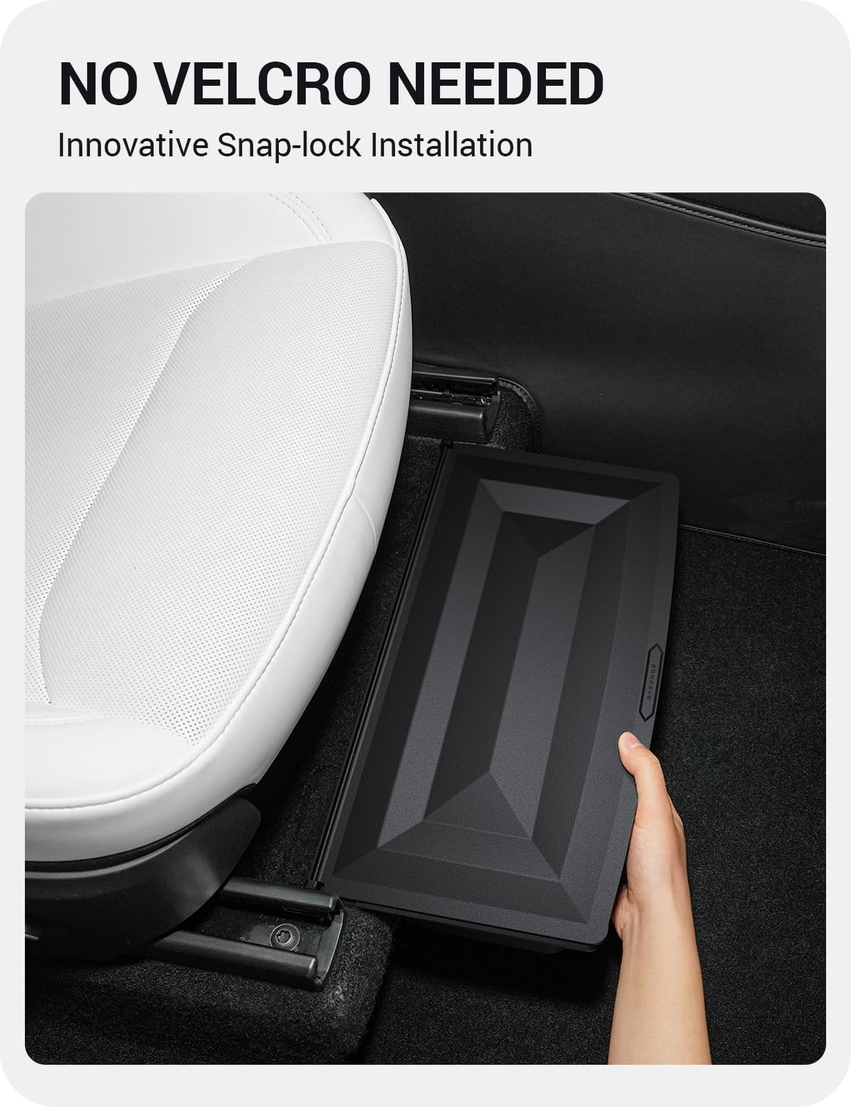 BASENOR lifestyle shot in Model Y rear seat showing tidy cabin and easy access