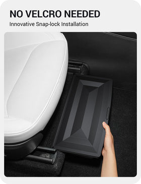 BASENOR lifestyle shot in Model Y rear seat showing tidy cabin and easy access