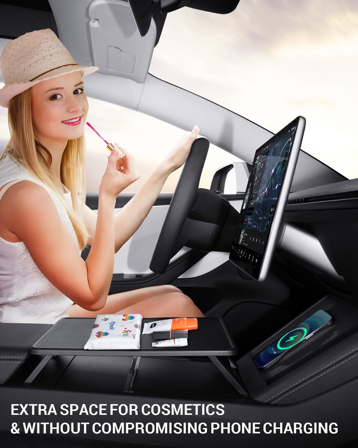 BASENOR in use with food and drink, keeps crumbs off console and cup holders