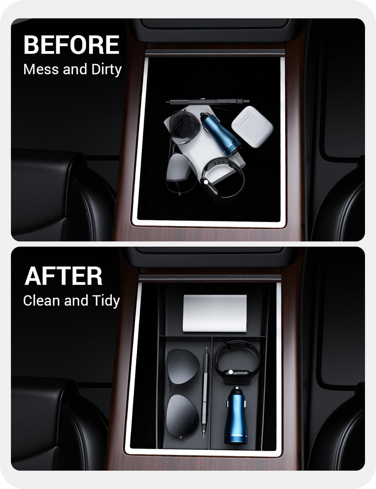 BASENOR tray installed in Tesla Model S console providing organized quick-access benefit