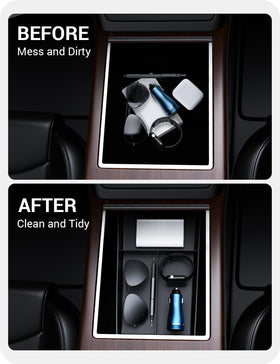 BASENOR tray installed in Tesla Model S console providing organized quick-access benefit
