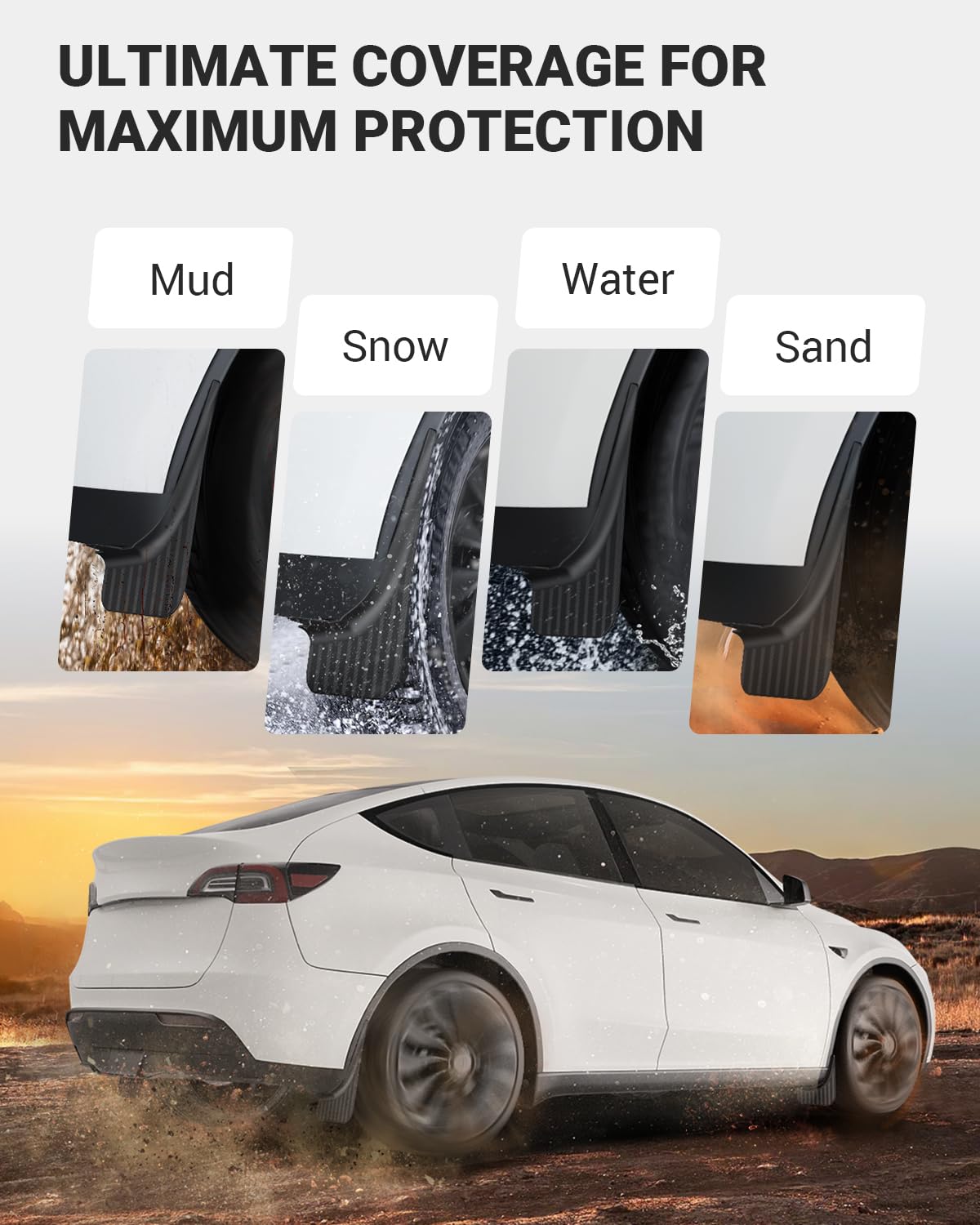 BASENOR mud flap installed on Tesla Model Y rear wheel protecting fender from debris