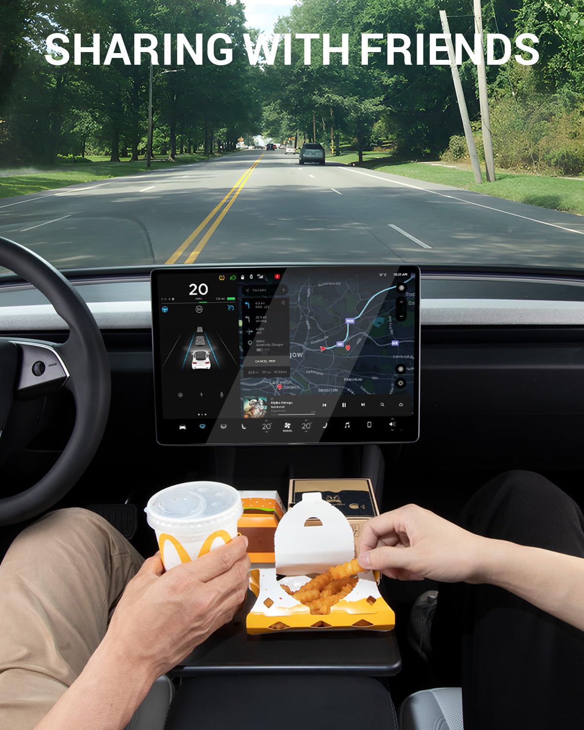 BASENOR lifestyle parked at drive-thru, convenient dining in your Tesla