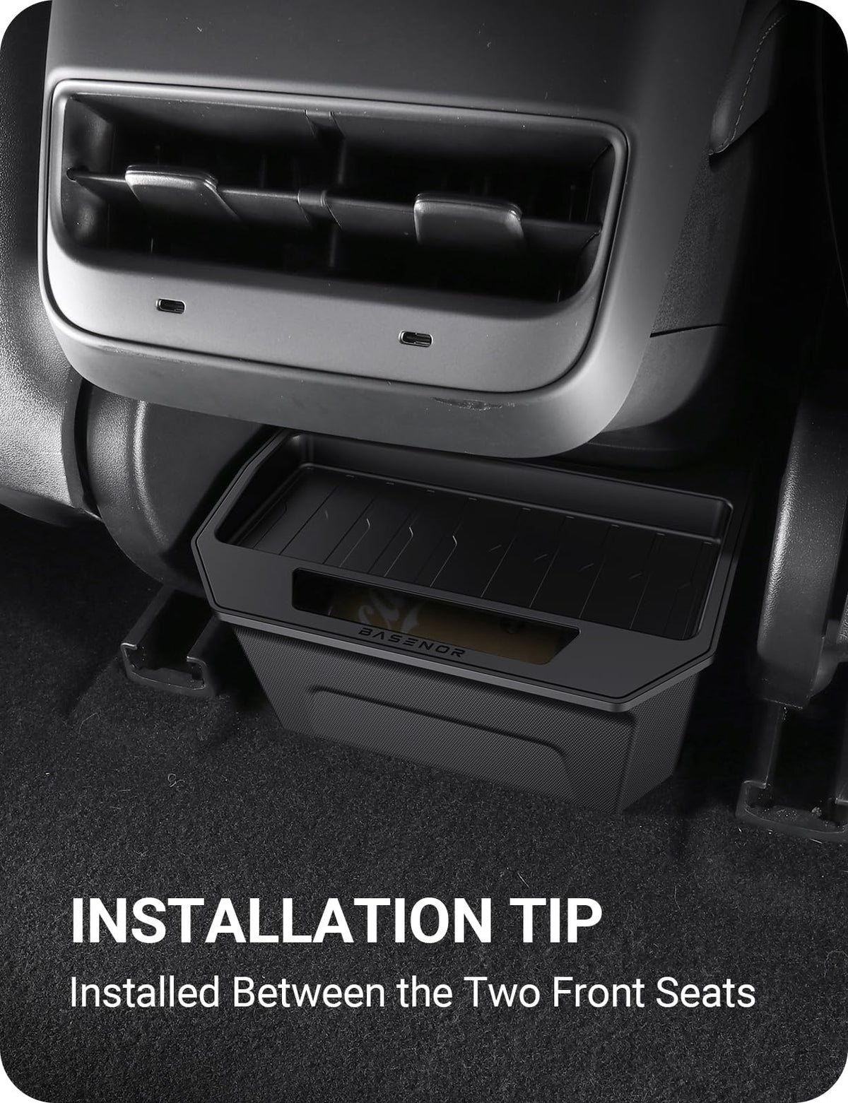 BASENOR installed under Model 3 rear exhaust port showing gap-free integration