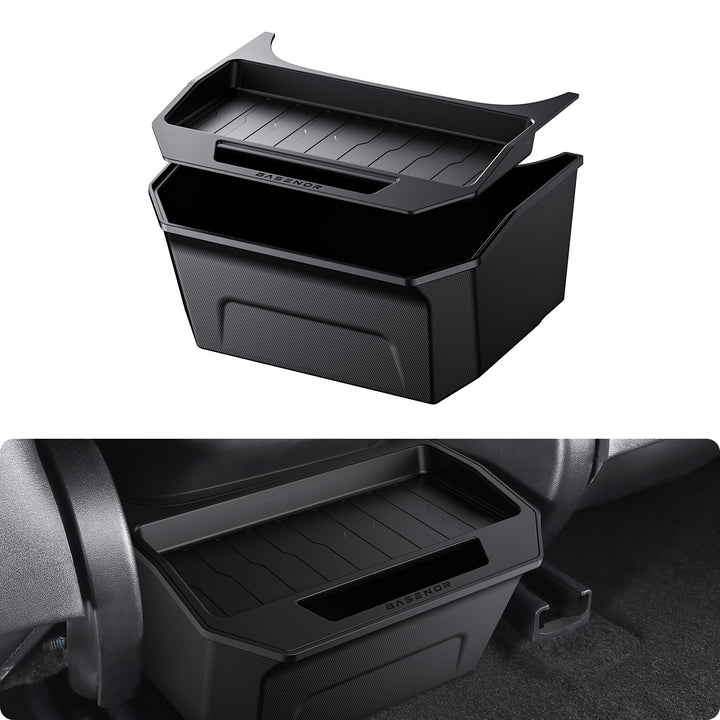 BASENOR front view of Model 3 rear console organizer showing neat storage benefits