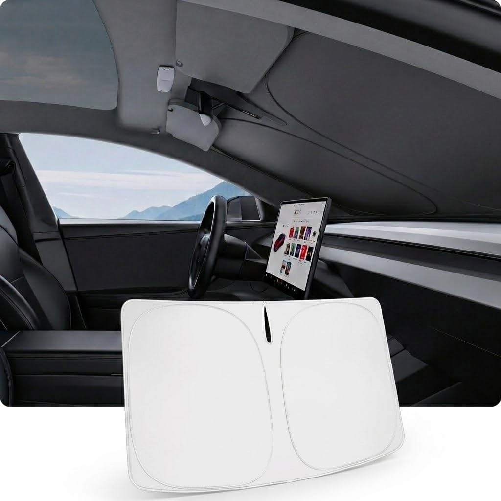 BASENOR front windshield sunshade fitted on Tesla Model Y, reduces cabin heat