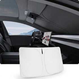 BASENOR front windshield sunshade fitted on Tesla Model Y, reduces cabin heat