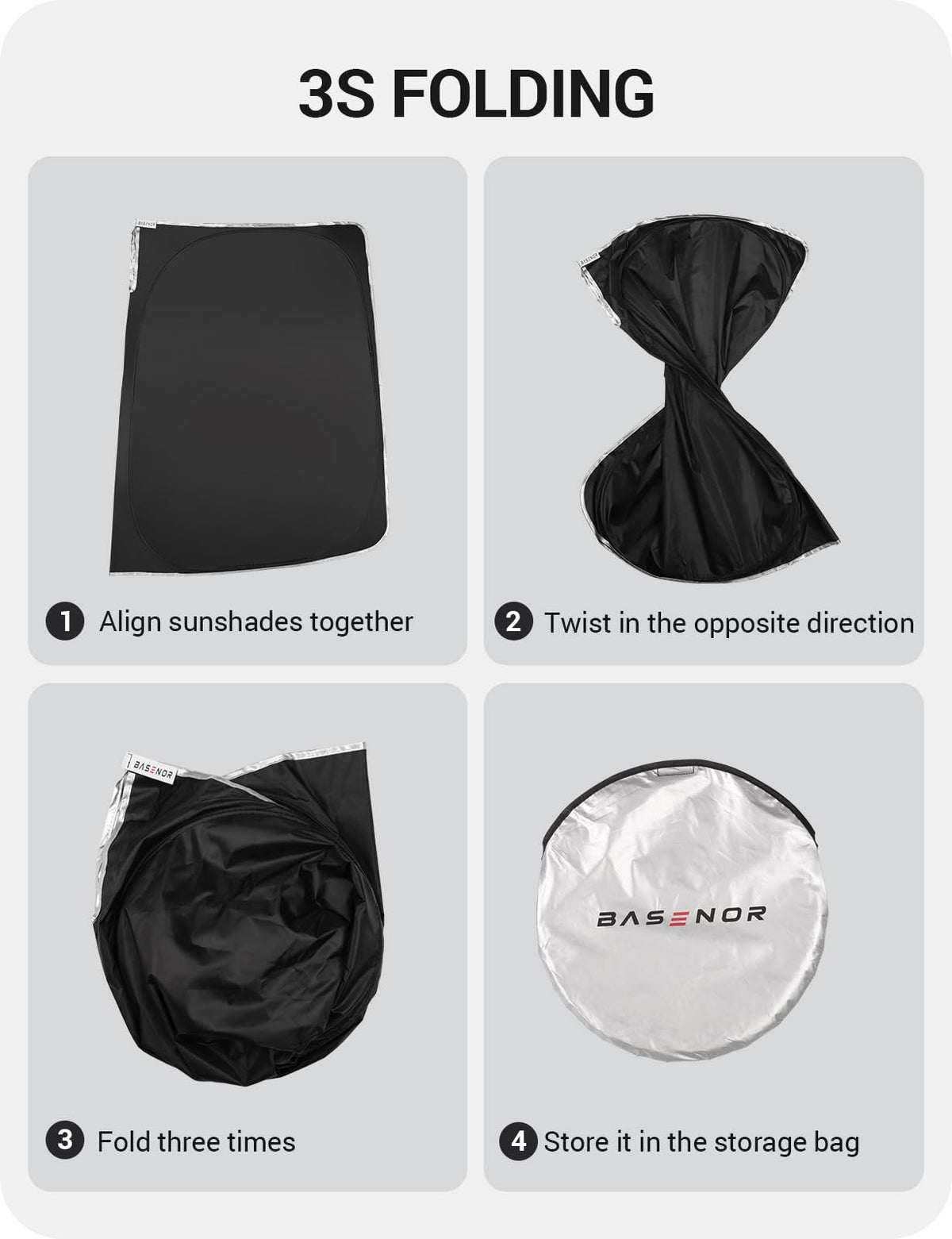 BASENOR packaging with sunshade, Velcro and storage pouch included