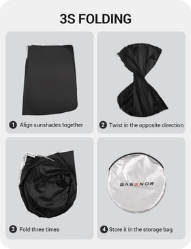 BASENOR packaging with sunshade, Velcro and storage pouch included