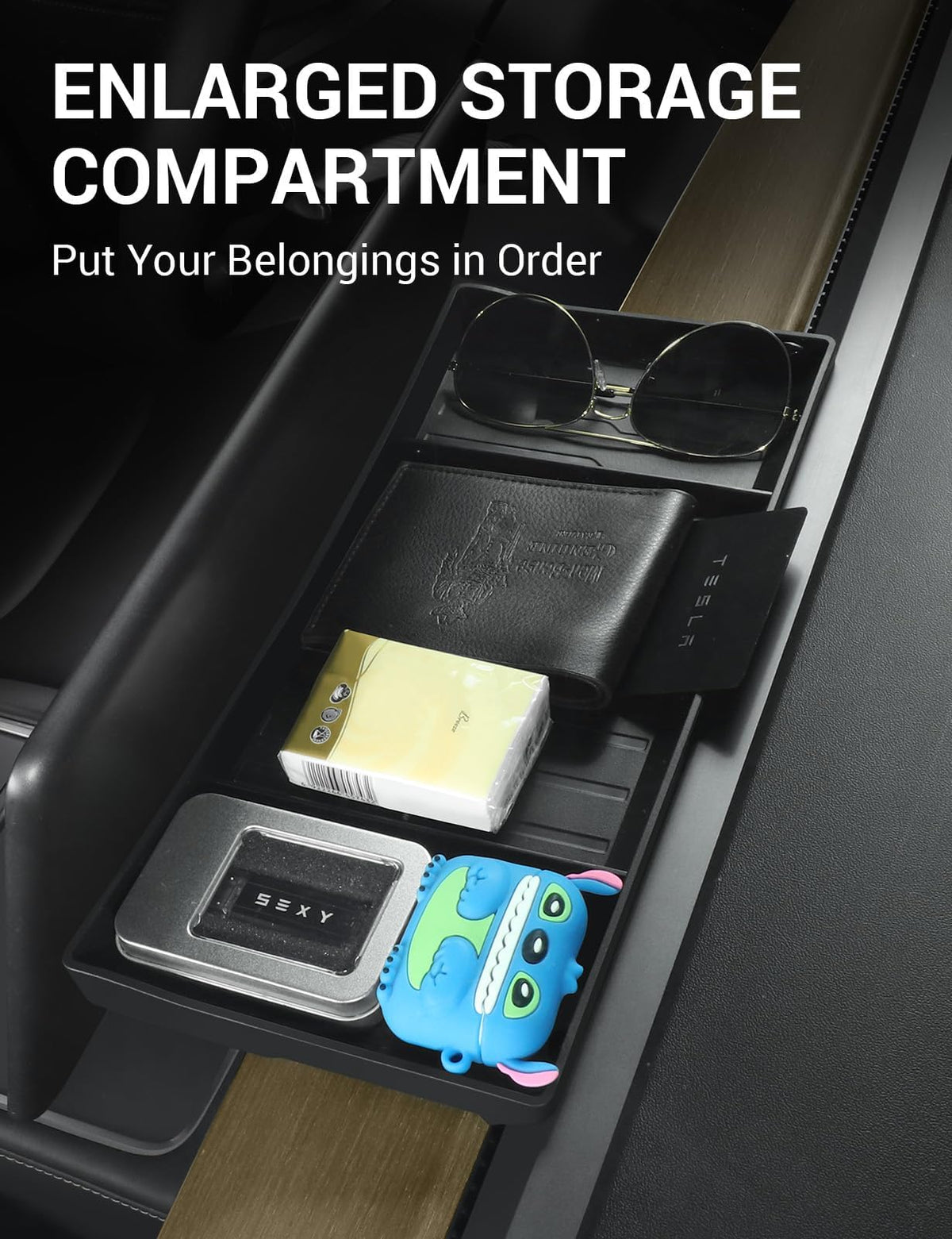 BASENOR tray holding sunglasses and tissues for quick easy access