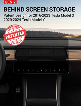 BASENOR installed behind Tesla screen demonstrating hidden storage benefit