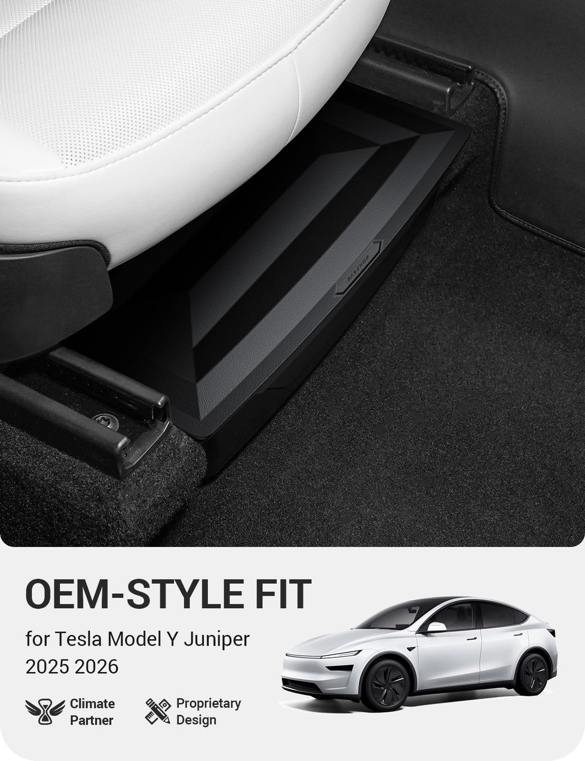 BASENOR under-seat storage installed under Tesla Model Y Juniper for neat organization