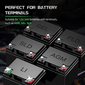 Bateria Power anti‑corrosion washers detail reducing oxidation at the battery post