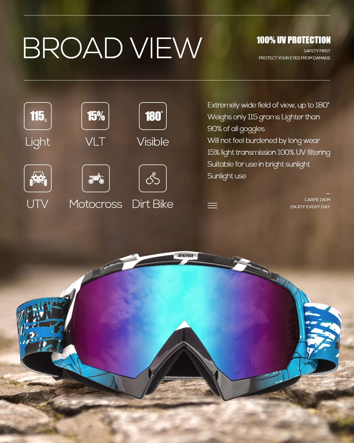 BATFOX goggles bent and packed in pouch illustrating compact, travel-friendly storage