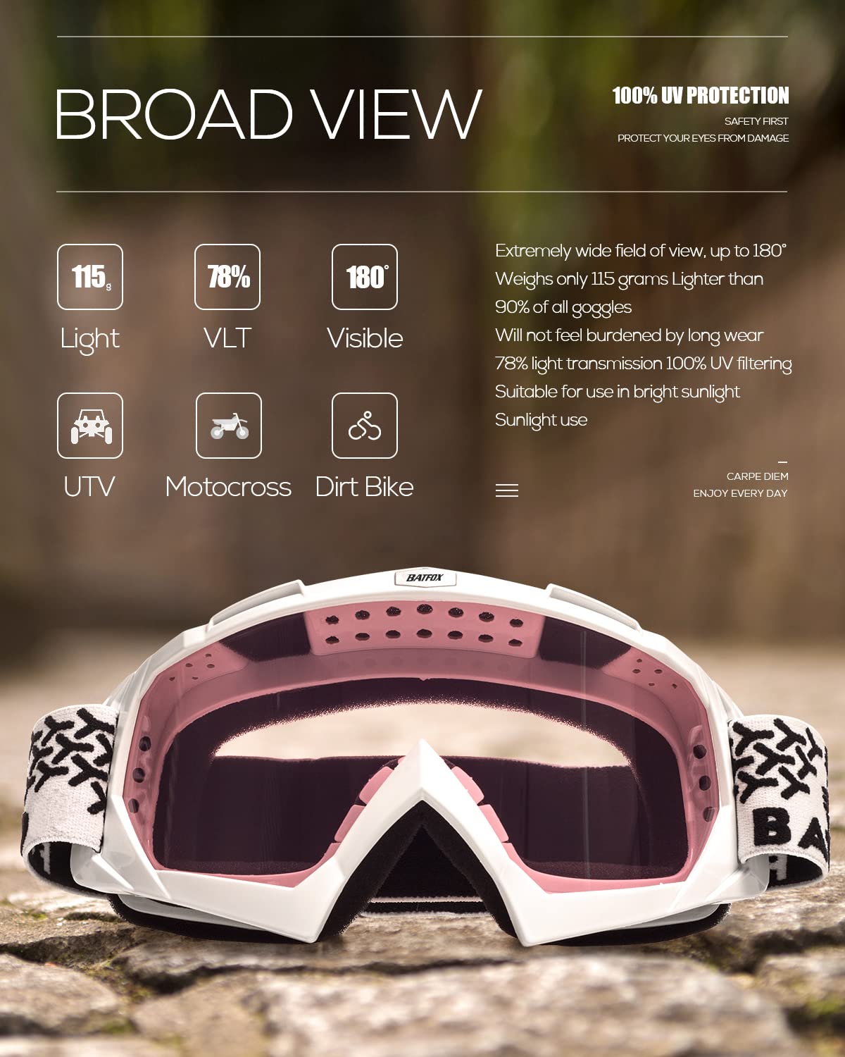 BATFOX goggles on rider helmet demonstrating secure fit