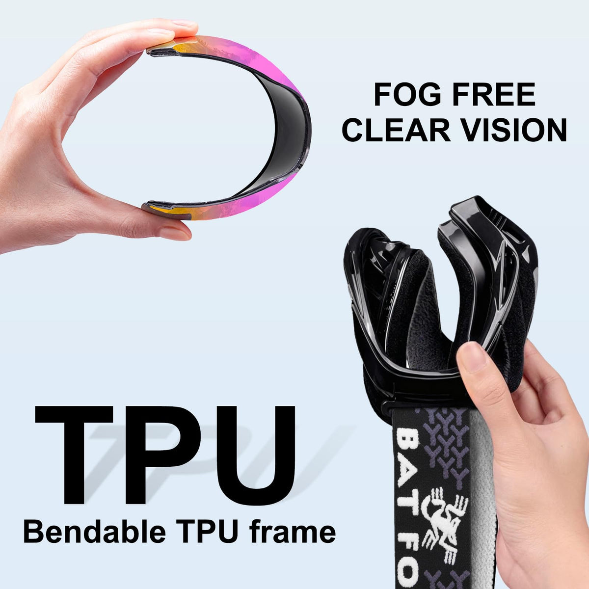 BATFOX goggles size comparison showing lightweight portability