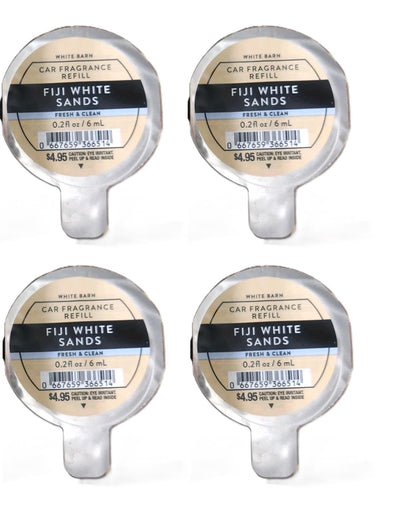 Bath & Body Works Fiji White Sands refill pack front view showing four sealed cartridges and clear branding for fresh car scent