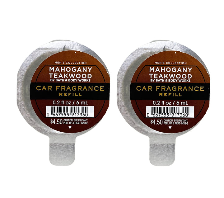 Bath & Body Works front packaging of Mahogany Teakwood refills showing 2-pack and label, clear benefit: easy swap