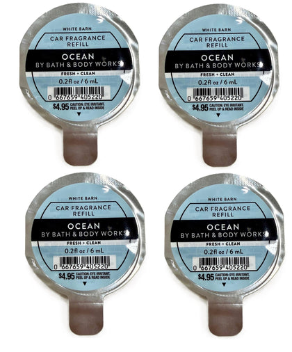 Bath & Body Works Ocean car refill pack front view showing four cartridges and easy installation benefit