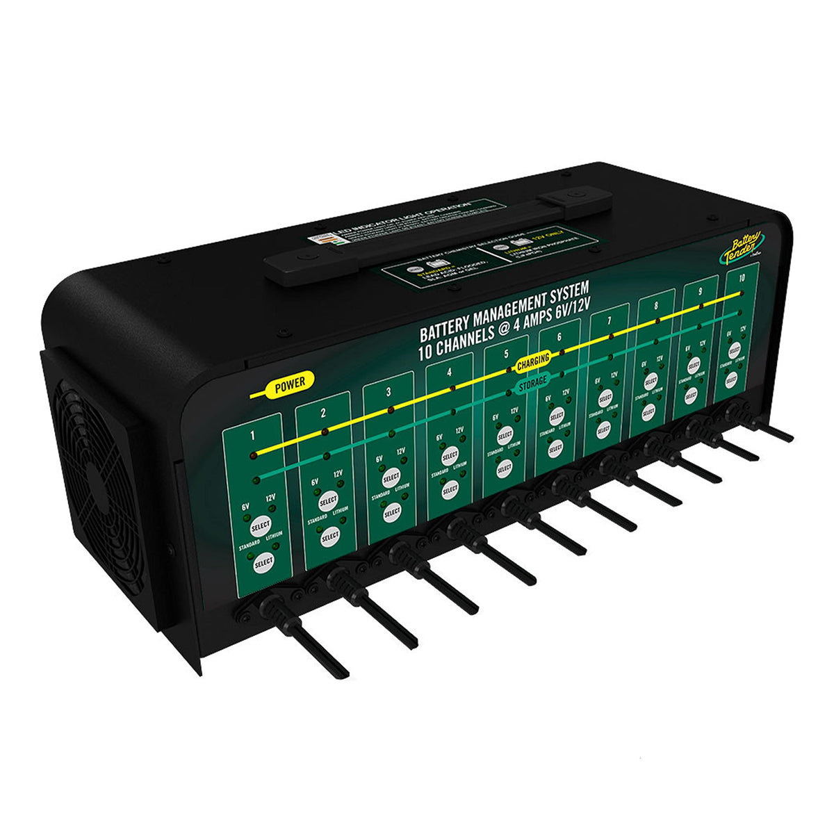 Battery Tender front view showing compact multibank charger and logo benefit organization