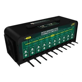 Battery Tender front view showing compact multibank charger and logo benefit organization