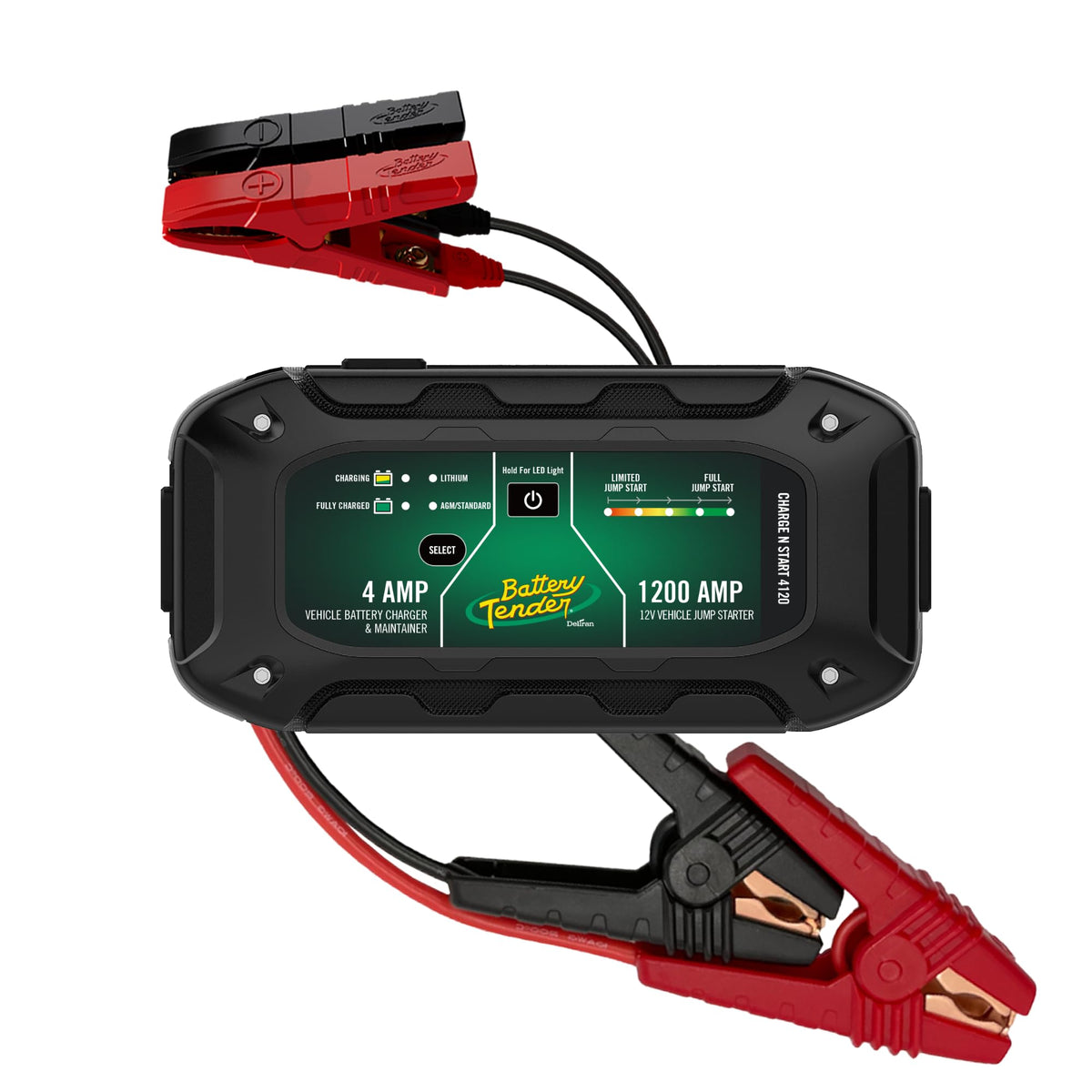 Battery Tender front view showing compact 2-in-1 charger and jump starter benefits