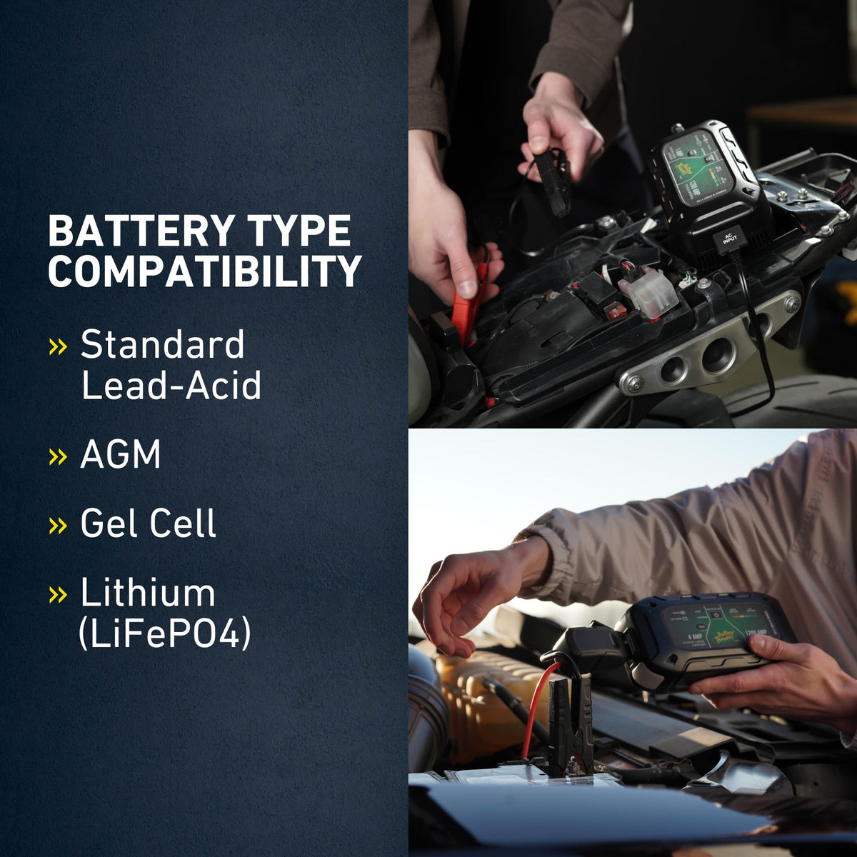 Battery Tender connected to car battery demonstrating jump-start capability