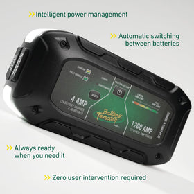 Battery Tender internal battery compartment open showing dual-battery maintenance benefit