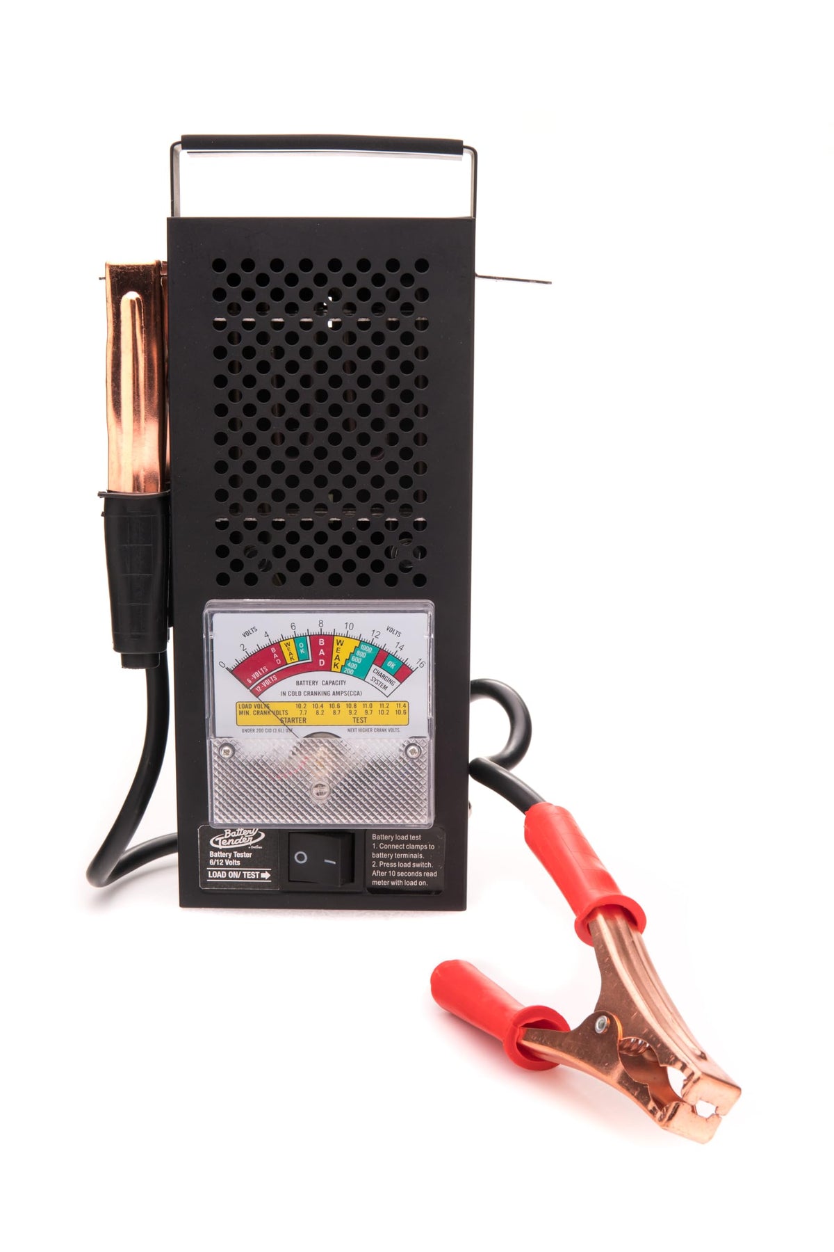 Battery Tender insulated clamps and rubber handle for safer, more secure battery testing