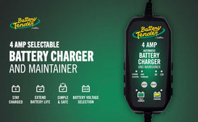 Battery Tender closeup of two-color LED status lights, clarifying charge and maintenance state