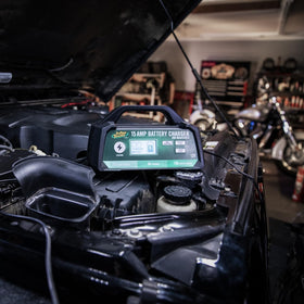 Battery Tender connected to a car battery demonstrating fast charging in use