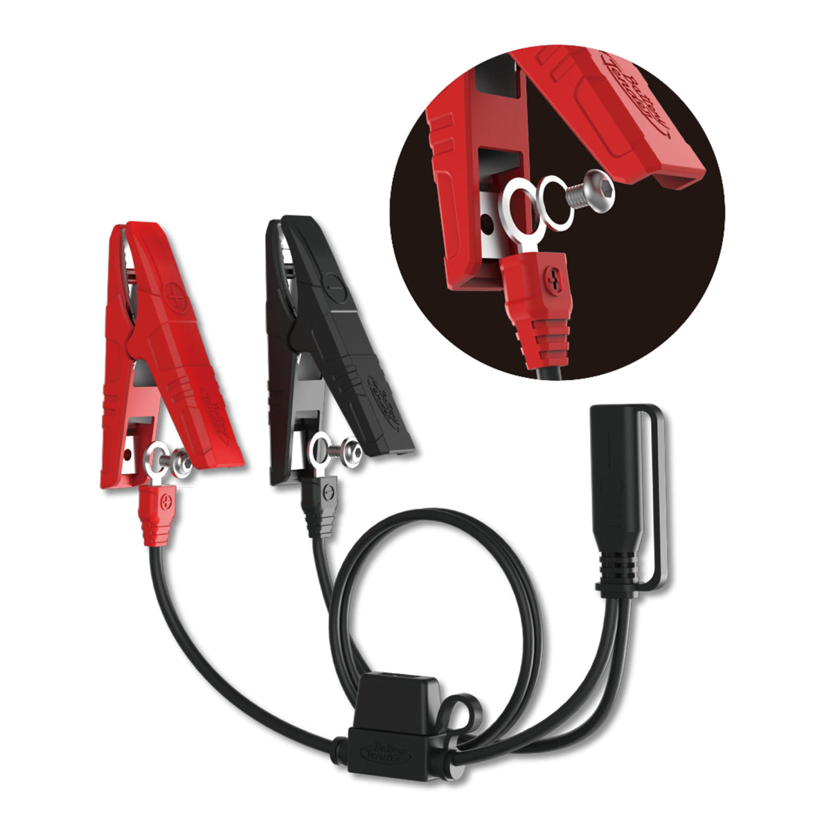 Battery Tender connector close-up showing quick-disconnect and fused ring terminal for safe hookups