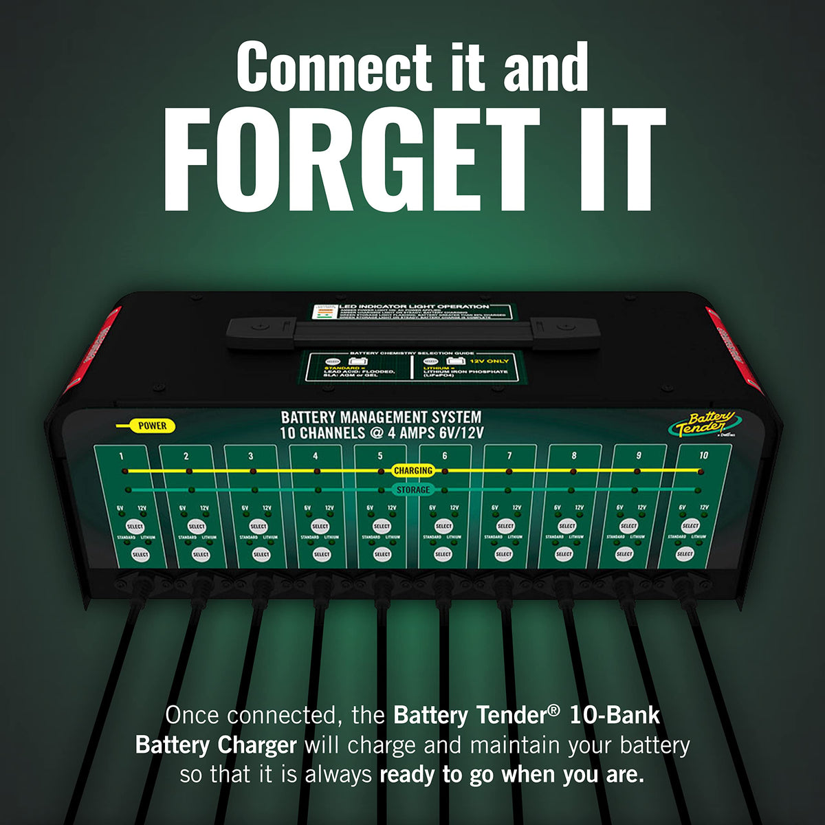 Battery Tender close-up of ten output ports showing clear labeling and easy identification