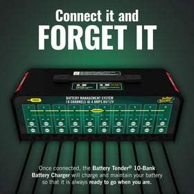 Battery Tender close-up of ten output ports showing clear labeling and easy identification