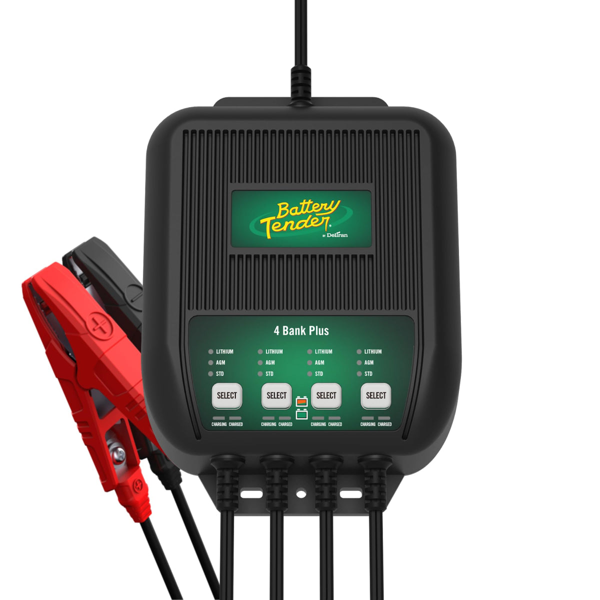Battery Tender front view showing four charging ports and brand, quick multi-battery charging