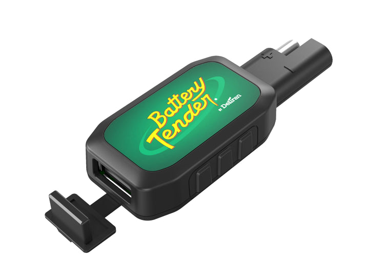 Battery Tender front view USB adapter showing SAE plug and USB output, reliable charging