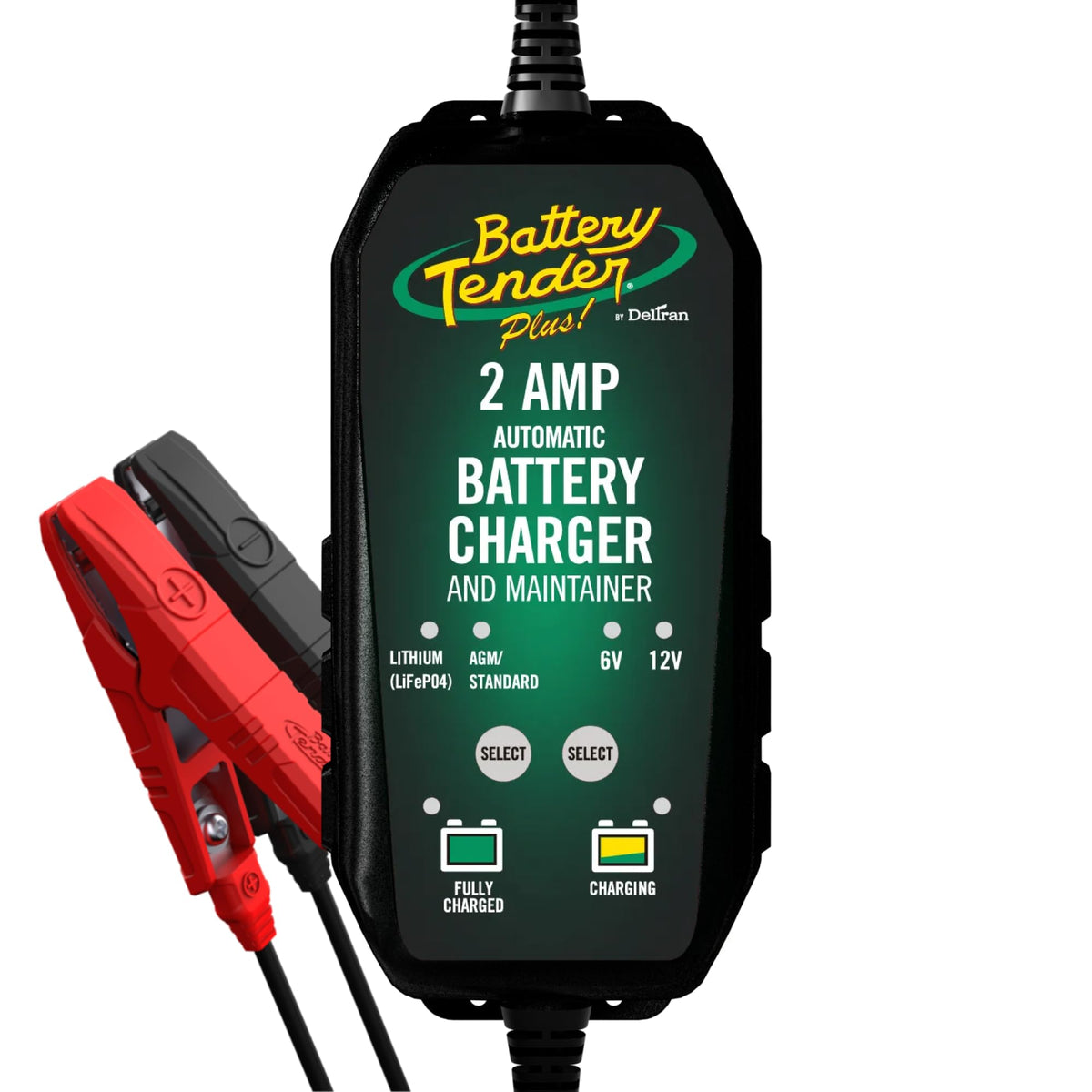 Battery Tender front view showing unit and connections for easy storage