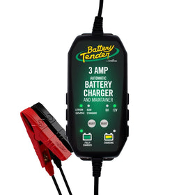 Battery Tender front view showing compact charger and benefits of space-saving design